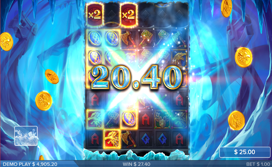 Feature row showing two active x2 multiplier symbols in red frames above a 20.40 win on fully thawed reels, gold coins spilling across the icy cave
