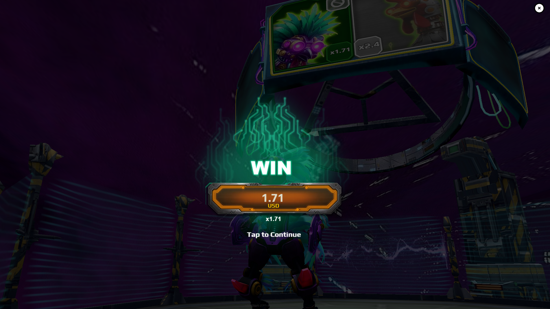 A MechaFightClub win screen reading 1.71 USD at an x1.71 multiplier.