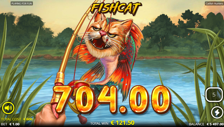 FISHCAT win screen in Catfish Hunters showing a catch reeled up on the line