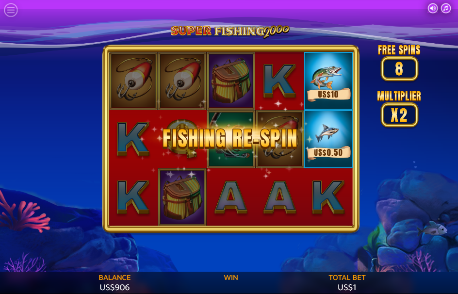 Fishing Re-Spin banner with a $10 and a $0.50 money fish held on the right reel during free spins.