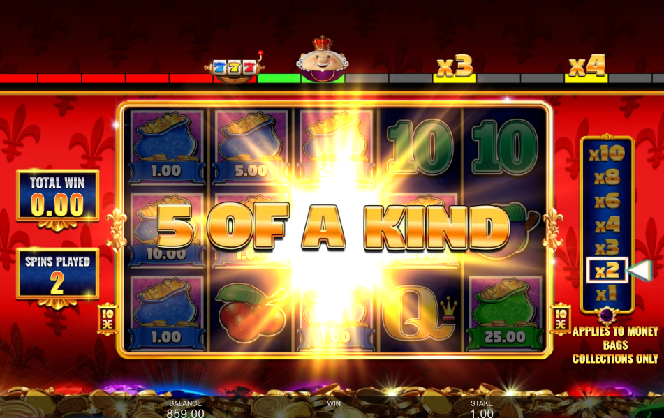A 5-of-a-Kind modifier called during the Big Money Bonus with money bags across the reels