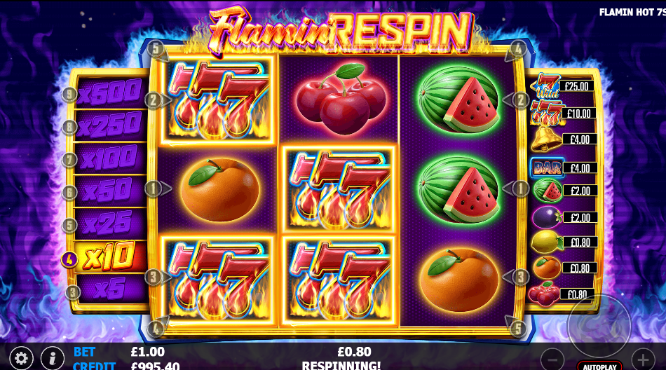 Flamin Respin in progress with flaming 7 symbols held and the prize ladder down the left.