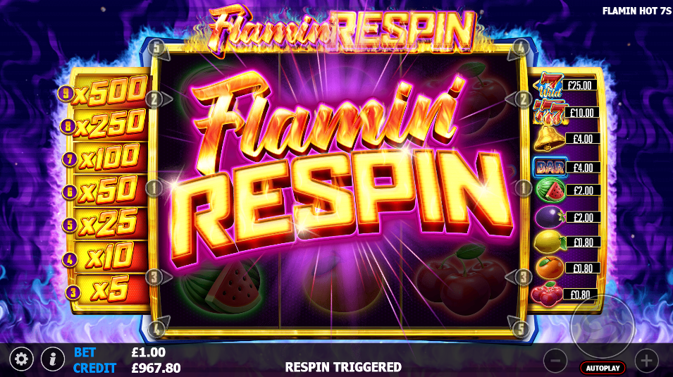 Flamin Respin trigger splash with the prize ladder down the left of the reels.