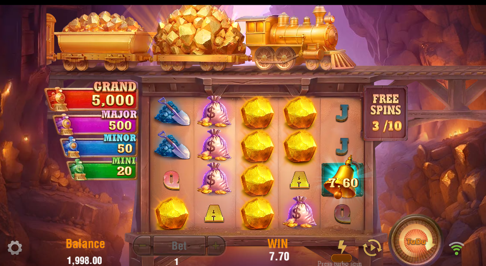 Gold Mine Express free game down in the mine, spin 3 of 10, a bell on reel 5 collecting 7.60