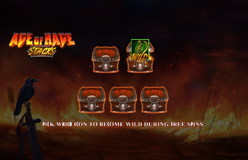 The free spins pick screen with five chests, one opened to reveal the green serpent as the Wild.