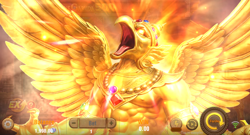 The golden Garuda filling the screen with wings spread and beak open, reels hidden behind the animation