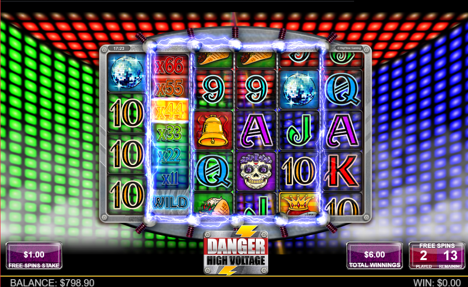 High Voltage free spins wild reel with the x44 multiplier lit, 2 free spins played and 13 remaining.