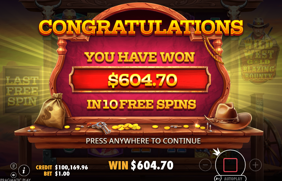 Round-end screen reading You have won $604.70 in 10 free spins
