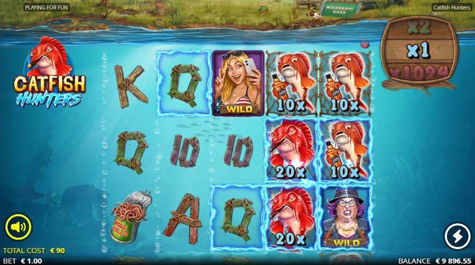 A purple-bordered Stacy Impostor Wild and a Karen Impostor Wild on the grid beside a 20x fish