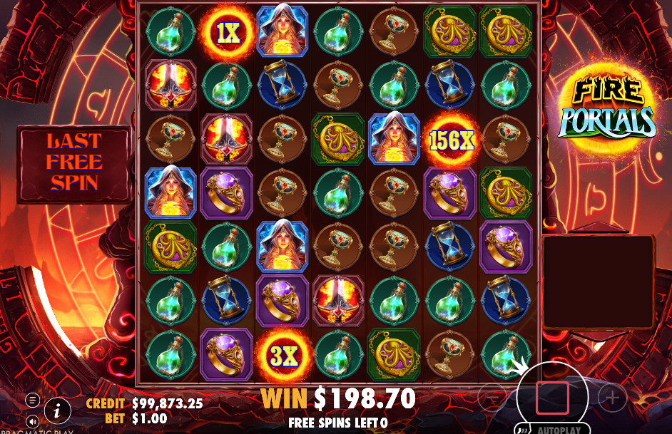 Last free spin of the bonus round with wilds reading 156x, 3x and 1x