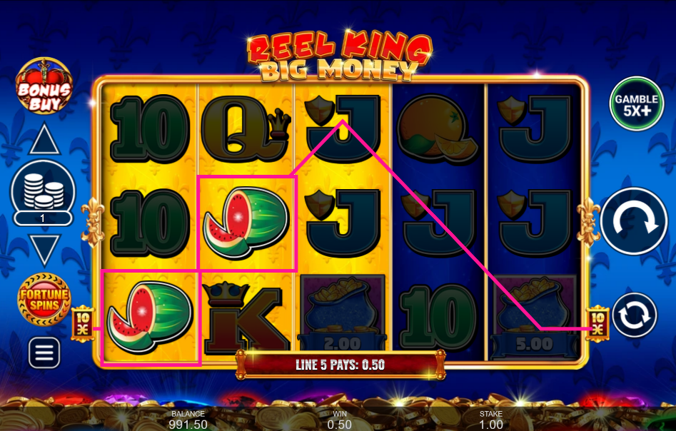 Three of the five reel backings lit gold on a Reel King Big Money spin