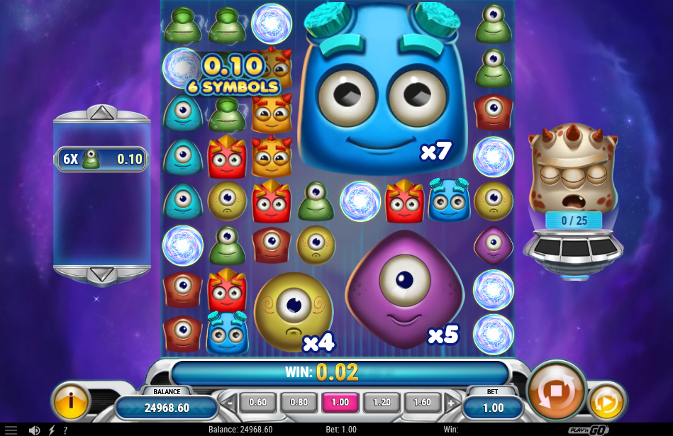 A blue mega symbol marked x7 surrounded by glowing Quantum Wild orbs on the cluster grid.