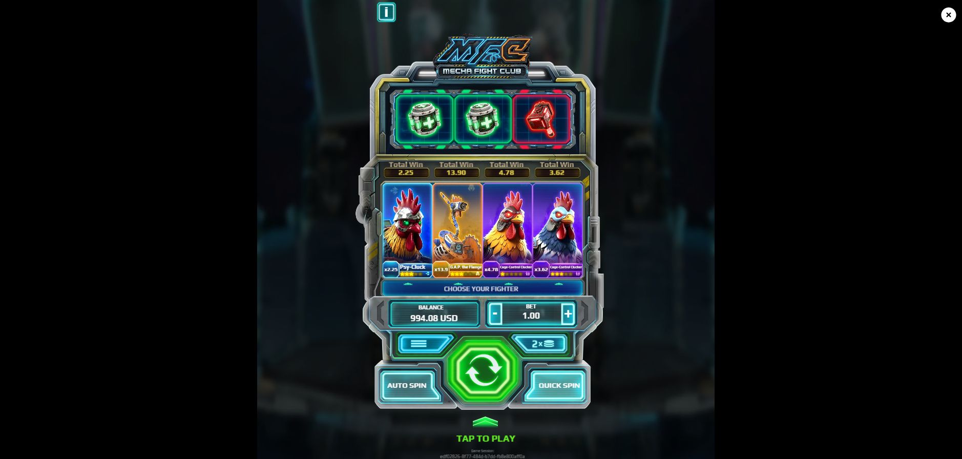 A MechaFightClub spin dealing four fighter cards with their multipliers, above a booster reel showing two Health boosters and one Damage