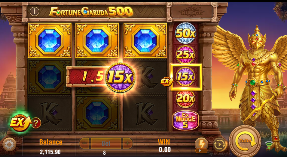 A 1.50 win plate beside a boxed 15x on the special reel, with 25x and 50x sitting above it