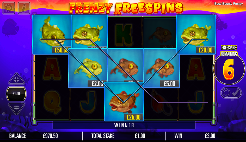 Free spins grid of high-value bass with no fisherman present, the spin paying only a small line win.