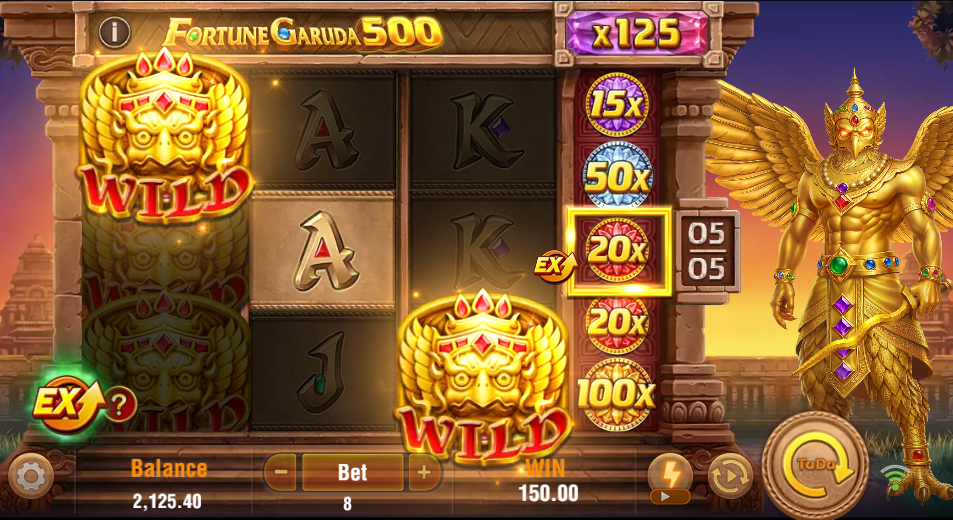 The special reel with a counter reading 05 of 05, a x125 total in the bar above and a 20x resting in the window, beside two Garuda wild symbols and a 150.00 win