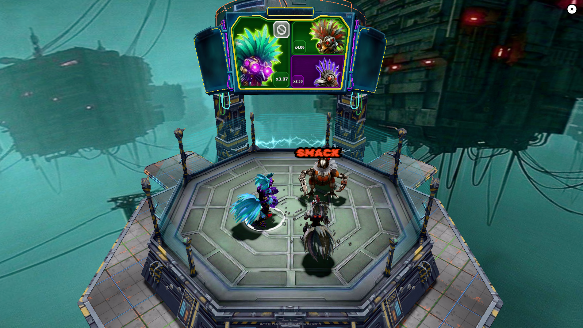 Three robot roosters fighting at once in the MechaFightClub octagon with a SMACK effect on screen.