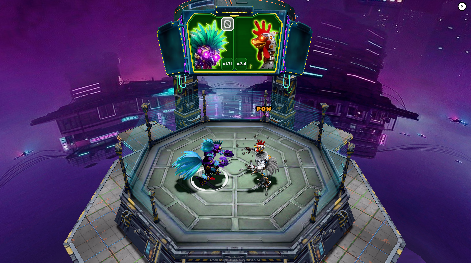 Two robot roosters clashing in the neon octagon with a POW effect mid-bout.