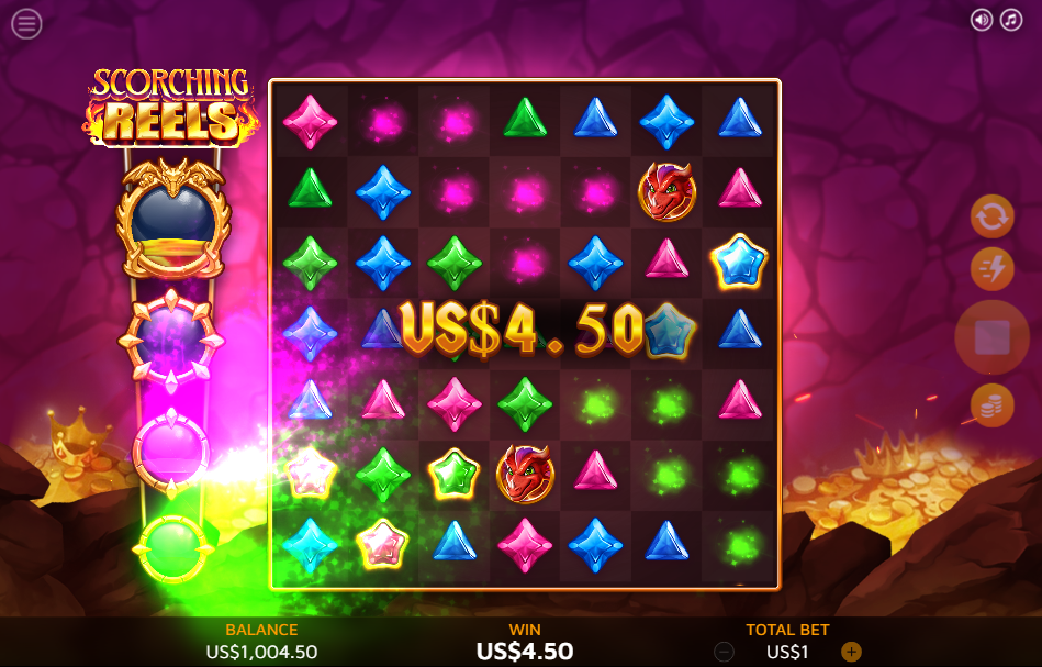 Pink and green gem clusters clearing together on the grid for a $4.50 win at a $1 bet.