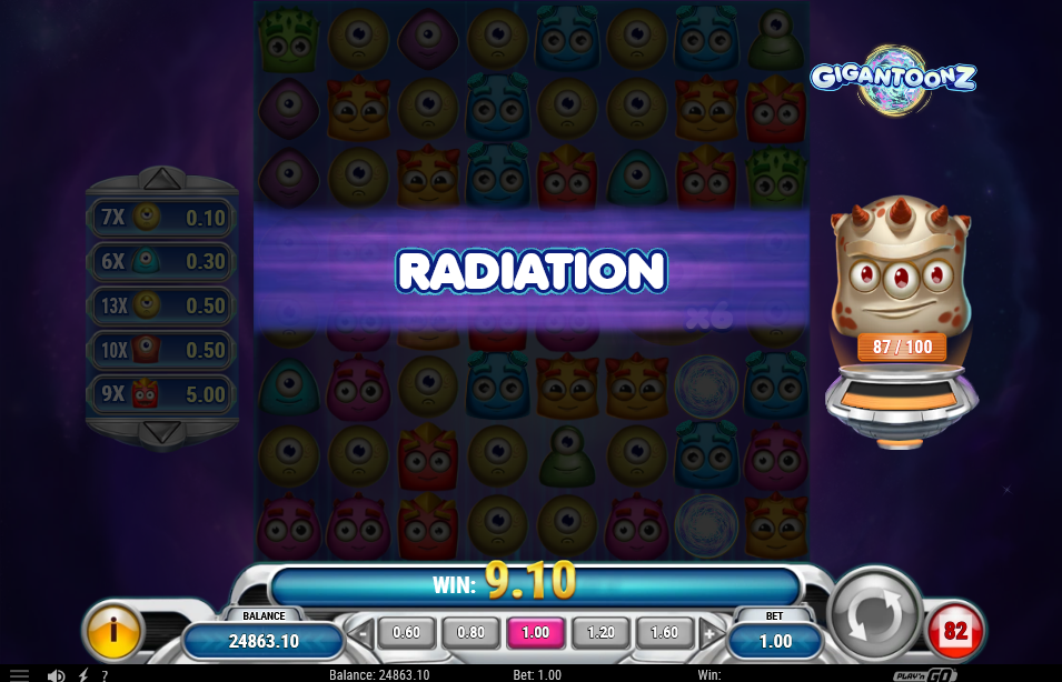 The Quantumeter pod at 87 of 100 charges as the Radiation stage fires.