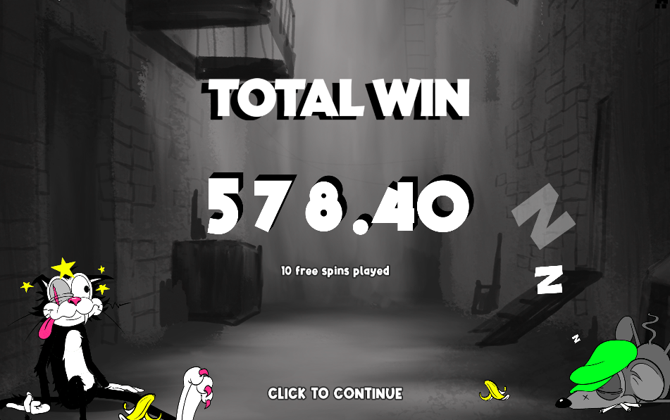 Ro$$ Bonus total win screen reading 578.40 after 10 free spins played, with Ro$$ seeing stars and Maxx asleep in the alley