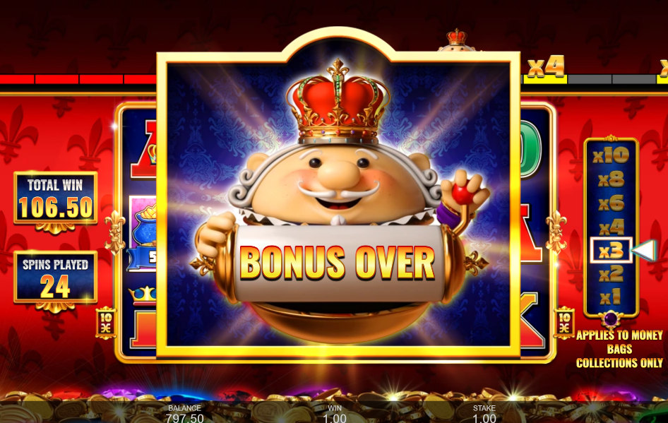Royal Spin showing Bonus Over with a 106.50 total in Reel King Big Money