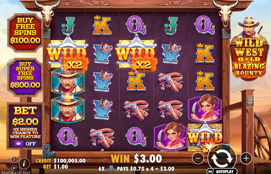Win line reading 6X A PAYS $0.75 x 4 = $3.00 with two x2 wilds completing a cluster of four As