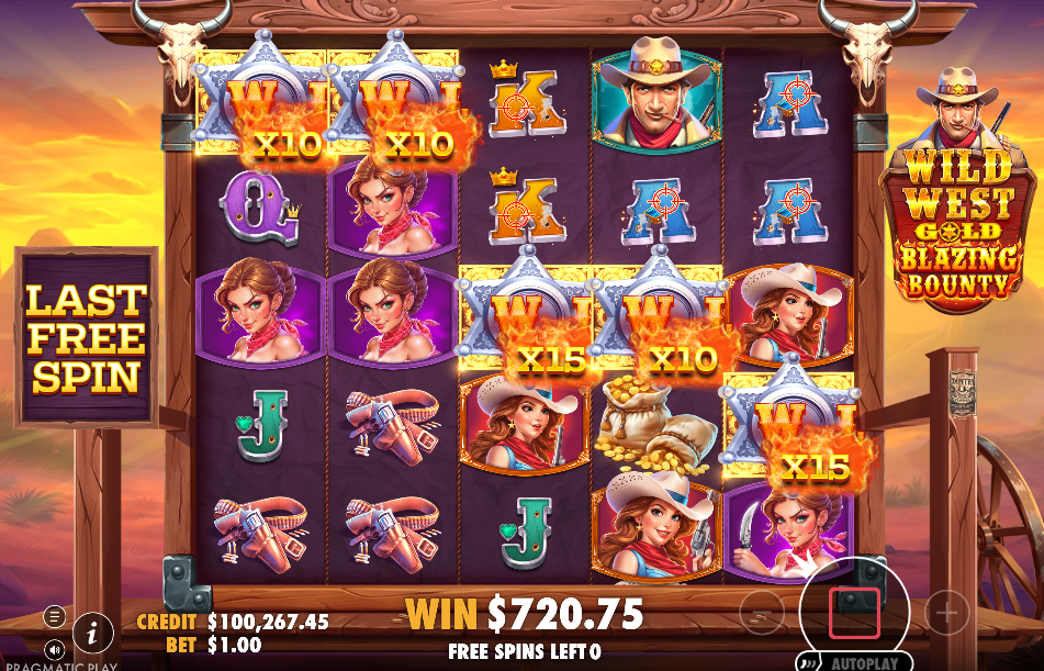 Free spins board with five sticky wilds and a running total of $720.75