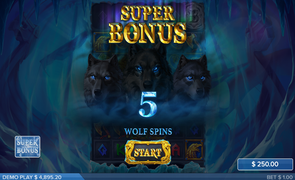 Super Bonus intro screen, three wolves with glowing eyes and a START button awarding 5 Wolf Spins