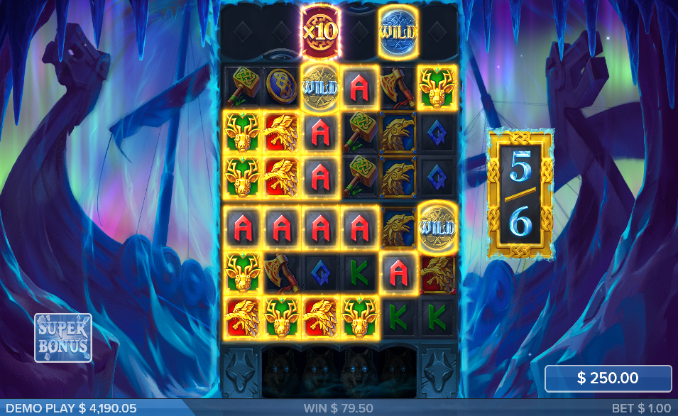 Super Bonus in play with a red x10 multiplier lit in the feature row above a WILD, gold-framed wins across the grid and the den wolves waiting below