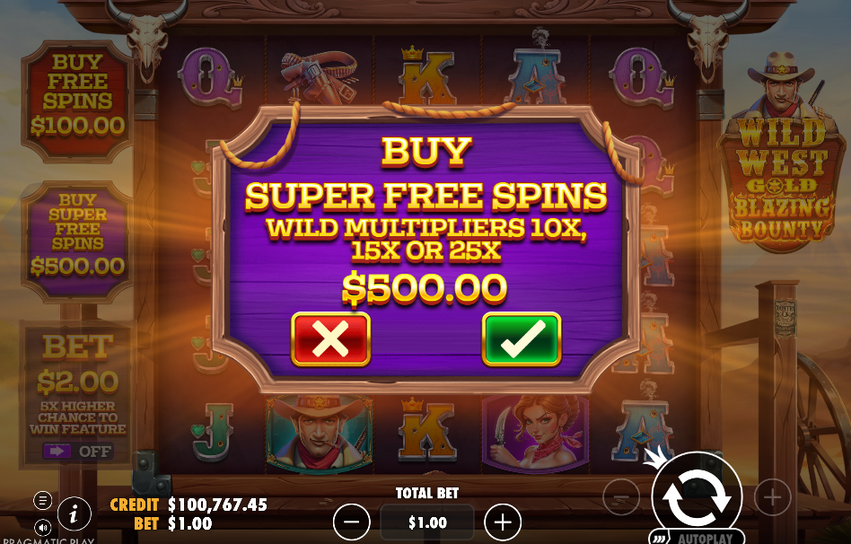 Buy Super Free Spins prompt showing potential wild multipliers
