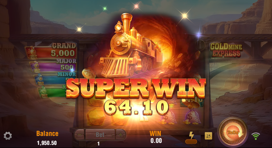Gold Mine Express Super Win screen reading 64.10 as a golden train travels through a canyon tunnel
