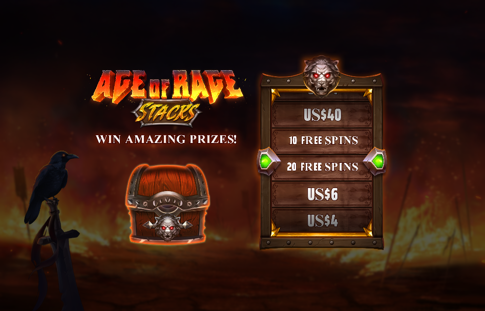 The Age of Rage Stacks Treasure Chest prize ladder showing cash sums and free spins.