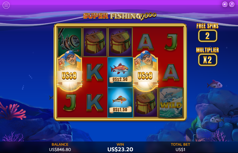 Two fishermen on the Super Fishing 2000 reels each showing an $8 collect in the free spins.