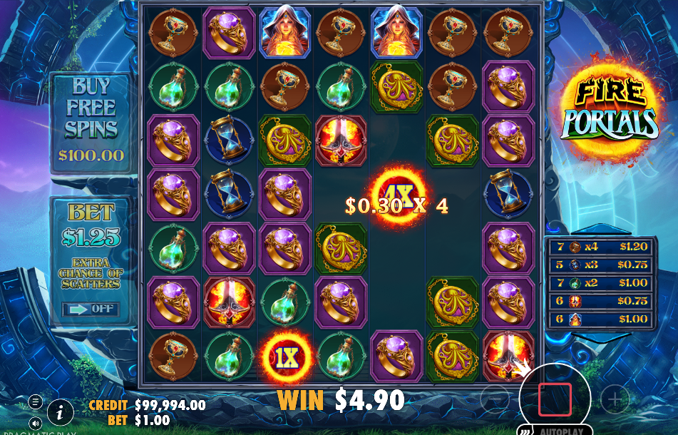 Two wilds on the base game grid, one reading 4x and one reading 1x, with a $4.90 win