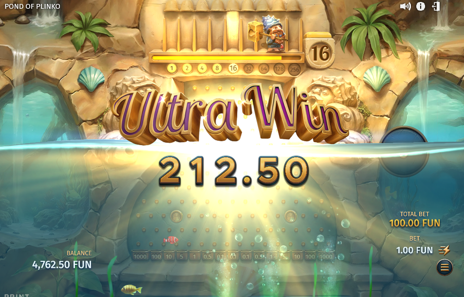 Ultra Win banner reading 212.50 with the water line risen to mid-screen