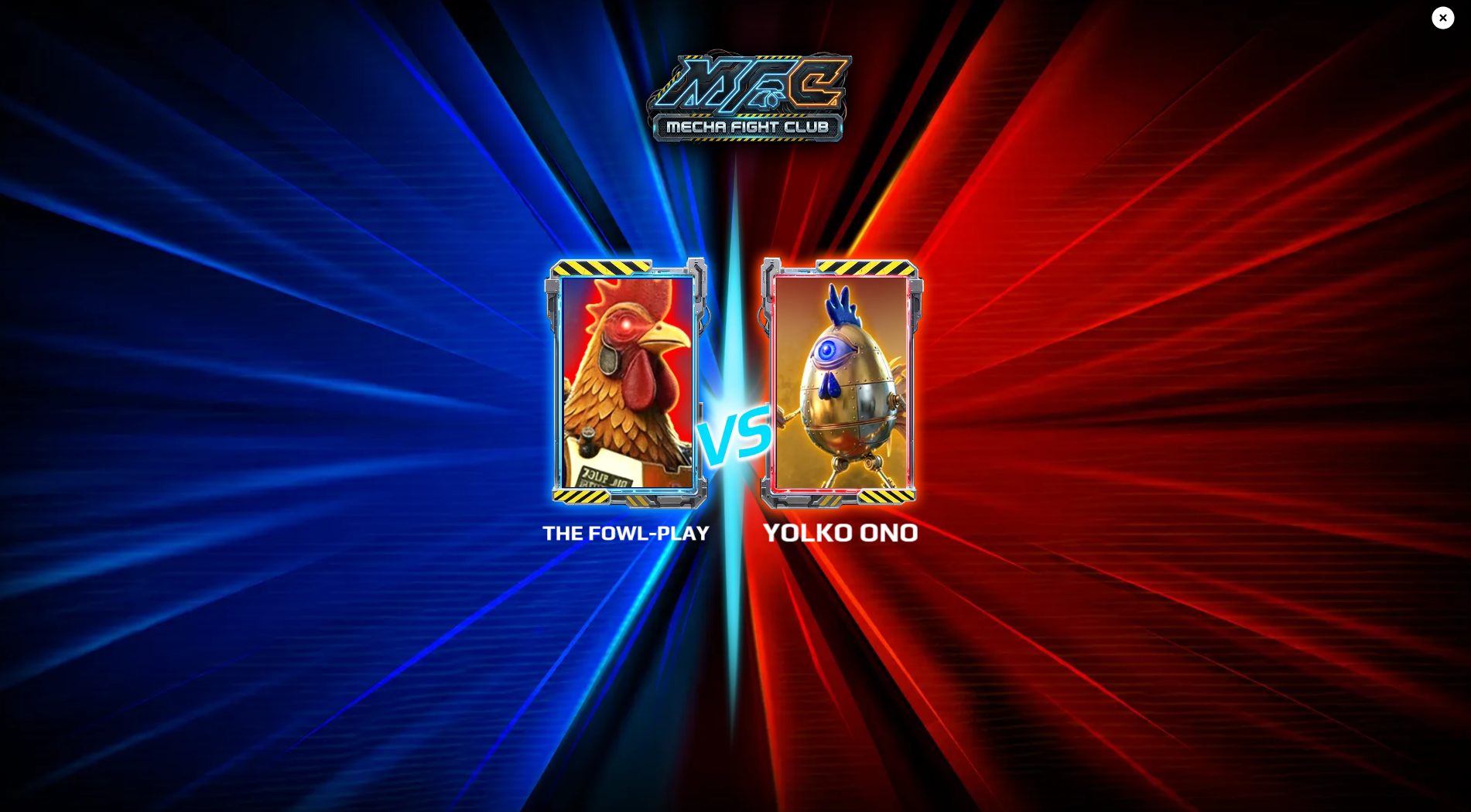 The MechaFightClub versus card, The Fowl-Play on the blue side facing Yolko Ono on the red before a bout.
