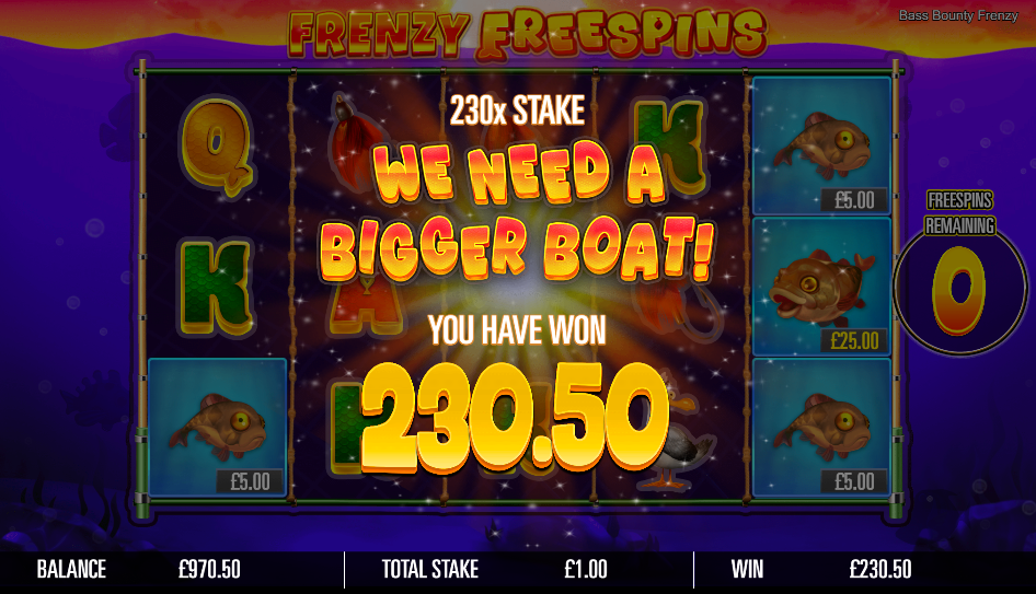 We Need a Bigger Boat banner, 230x stake and £230.50 won with the counter on zero