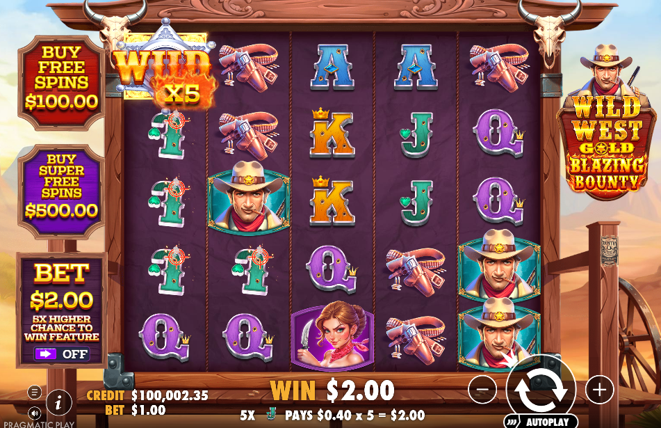 Win line reading 5X J PAYS $0.40 x 5 = $2.00 with a x5 wild completing a cluster of four Js