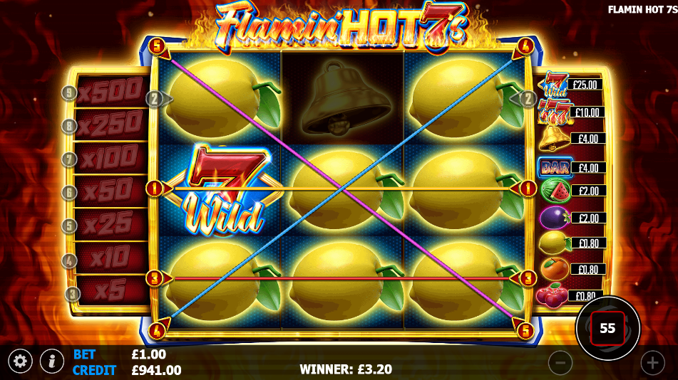 Base-game win with the 7's Wild and several lemon pay lines lit for £3.20.