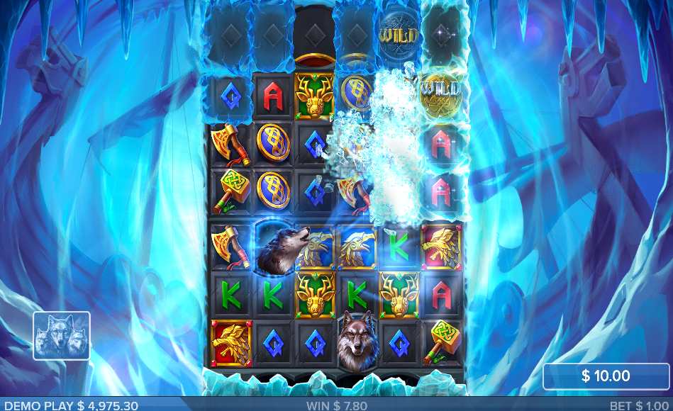 A wolf feature breaking the ice up a column, ice shards flying and a wild symbol forming, the reels still walled in blue ice on both sides