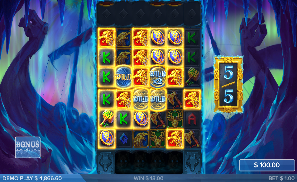 Bonus round in play with gold-framed winning symbols and a WILD x2, the Wolf Den wolves beneath the grid