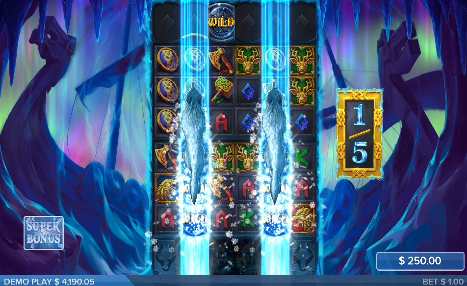 Two Ice Wolf features charging up adjacent columns, twin blue ice beams clearing the reels, the spin counter at 1 of 5