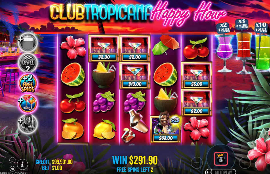 Free spins round with a bartender wild marked x3 carrying a $63.00 total beside five cocktail money symbols