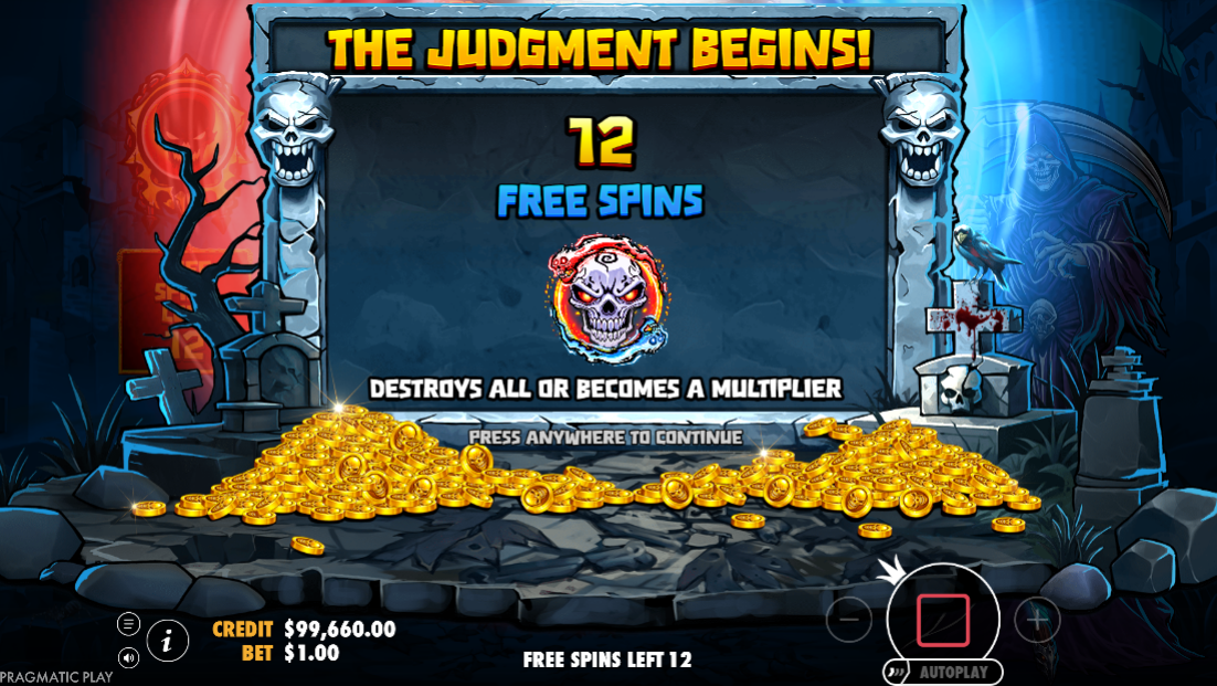 The Judgment Begins free spins trigger screen awarding 12 spins with the Doom skull symbol and its dual role explained