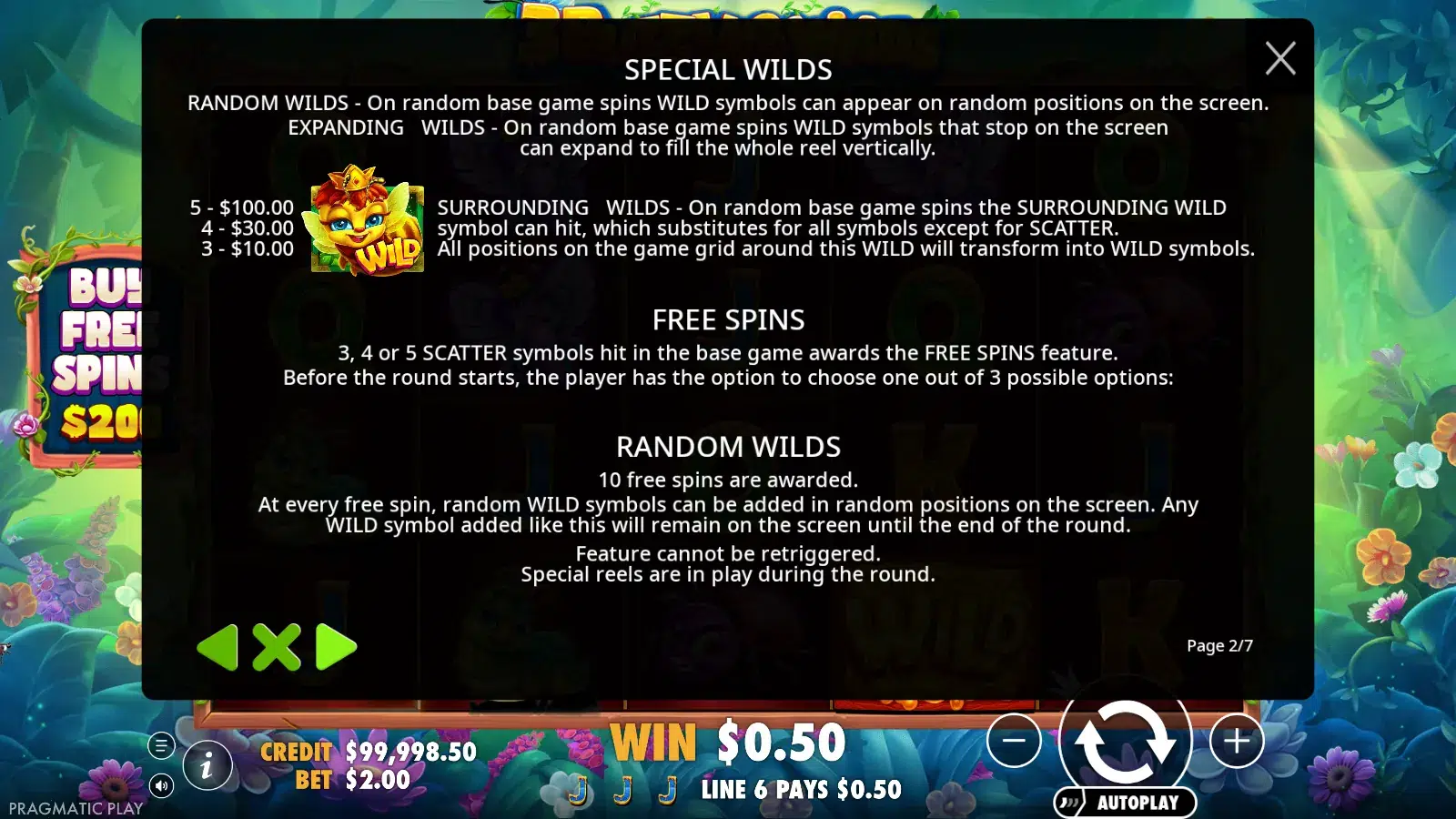 3 Buzzing Wilds rules page showing the special wilds and the free spins options