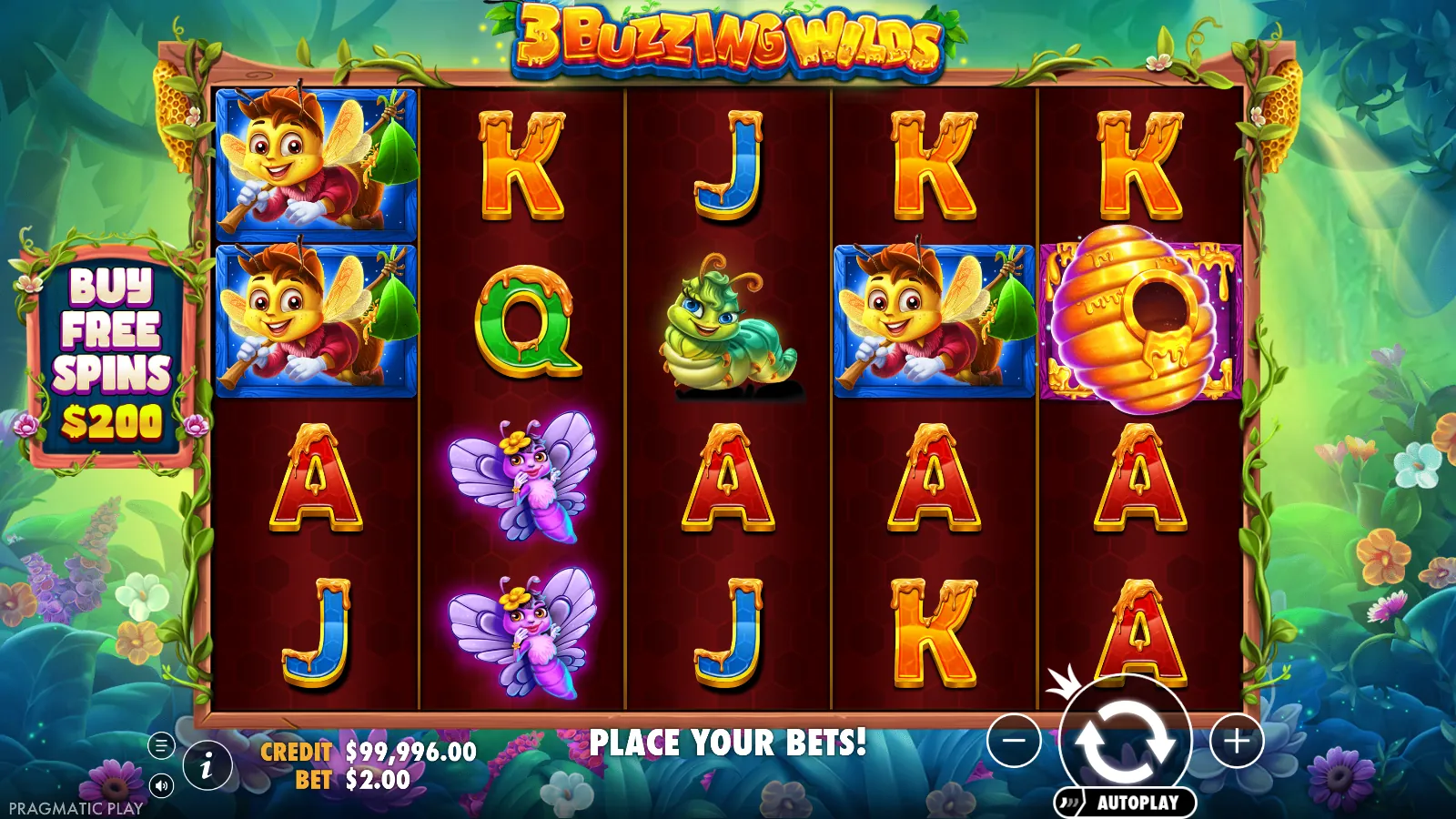 3 Buzzing Wilds grid with stacked bee symbols on reel 1 and a beehive scatter on reel 5
