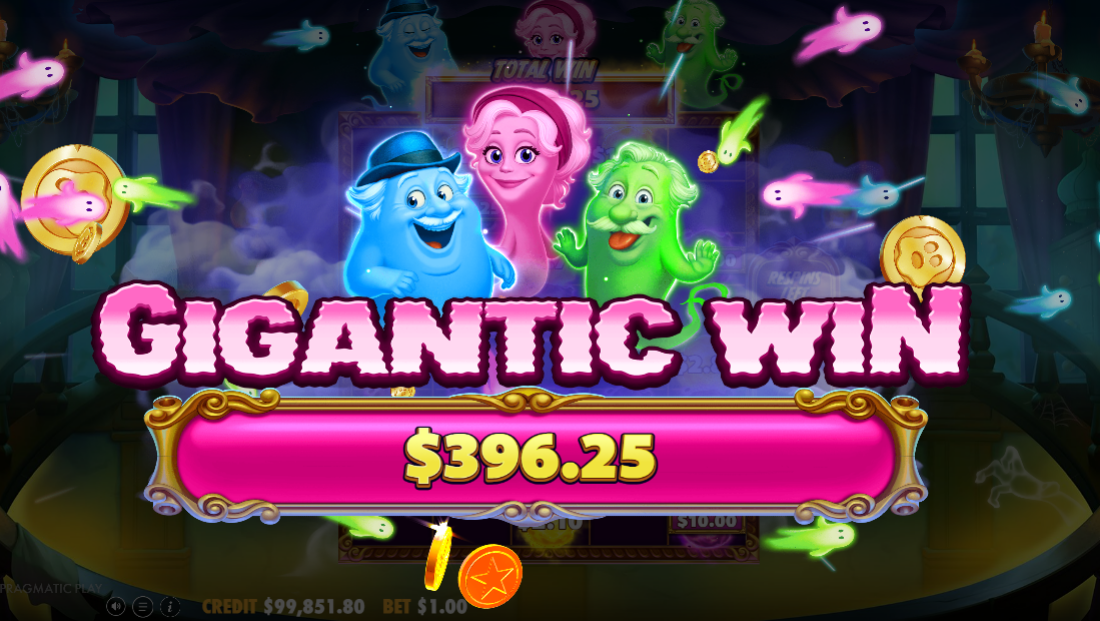 $396.25 win screen reading Gigantic Win on a $1.00 bet, the three ghost characters celebrating.