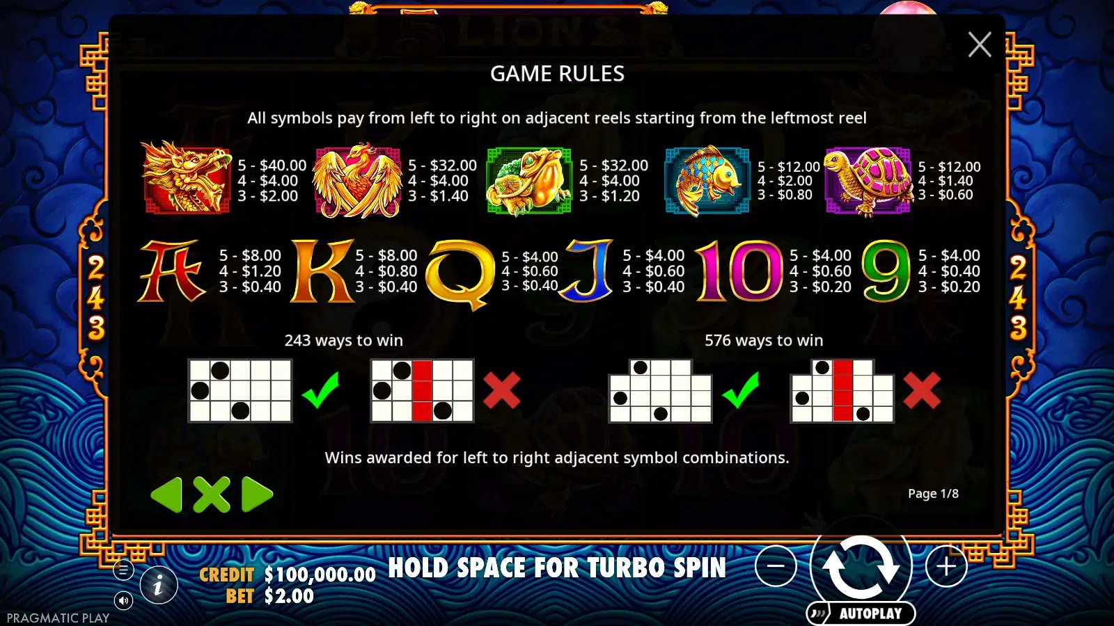 5 Lions paytable screen listing symbol values at a $2.00 bet