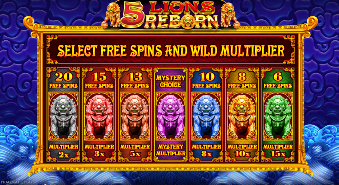 The seven-option free spins selection, spin counts falling from 20 to 6 as the starting wild multiplier climbs from 2x to 15x.